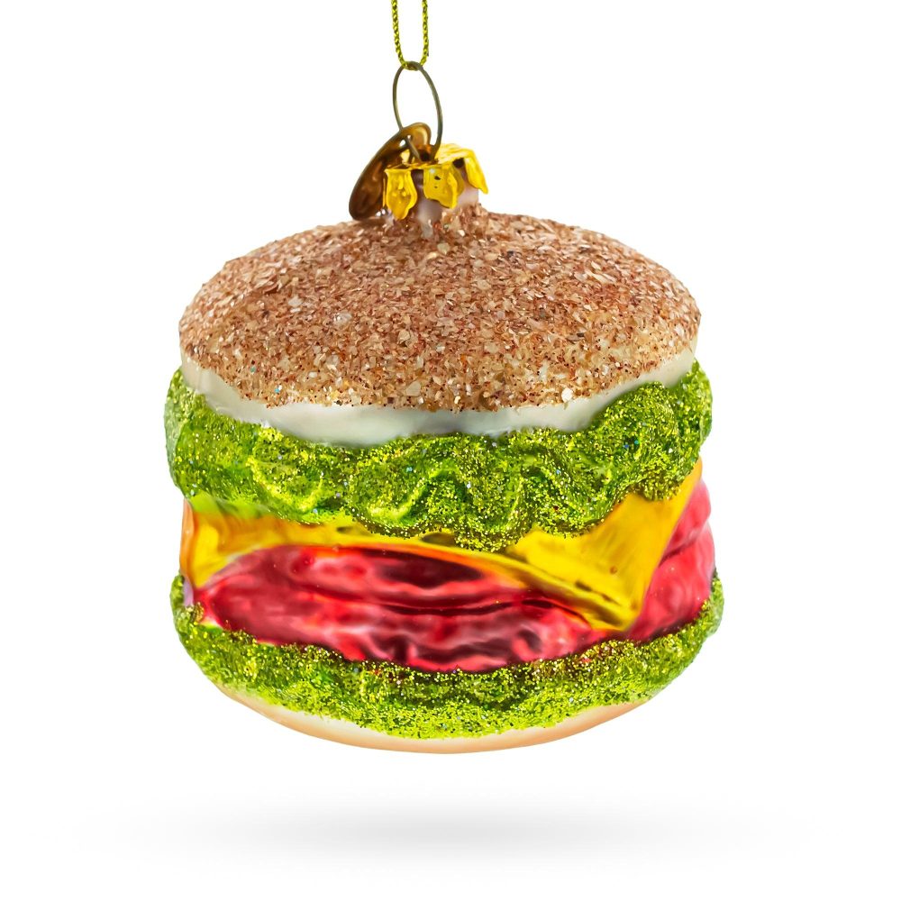 Juicy Cheeseburger Blown Glass Christmas Ornament  |   Food Food Food