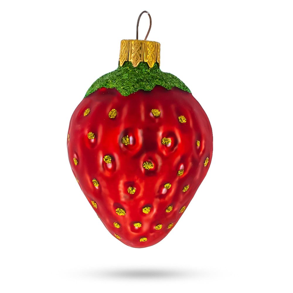 Juicy Strawberry With Glittered Leaf Mini Glass Christmas Ornaments  |   Food Food Food