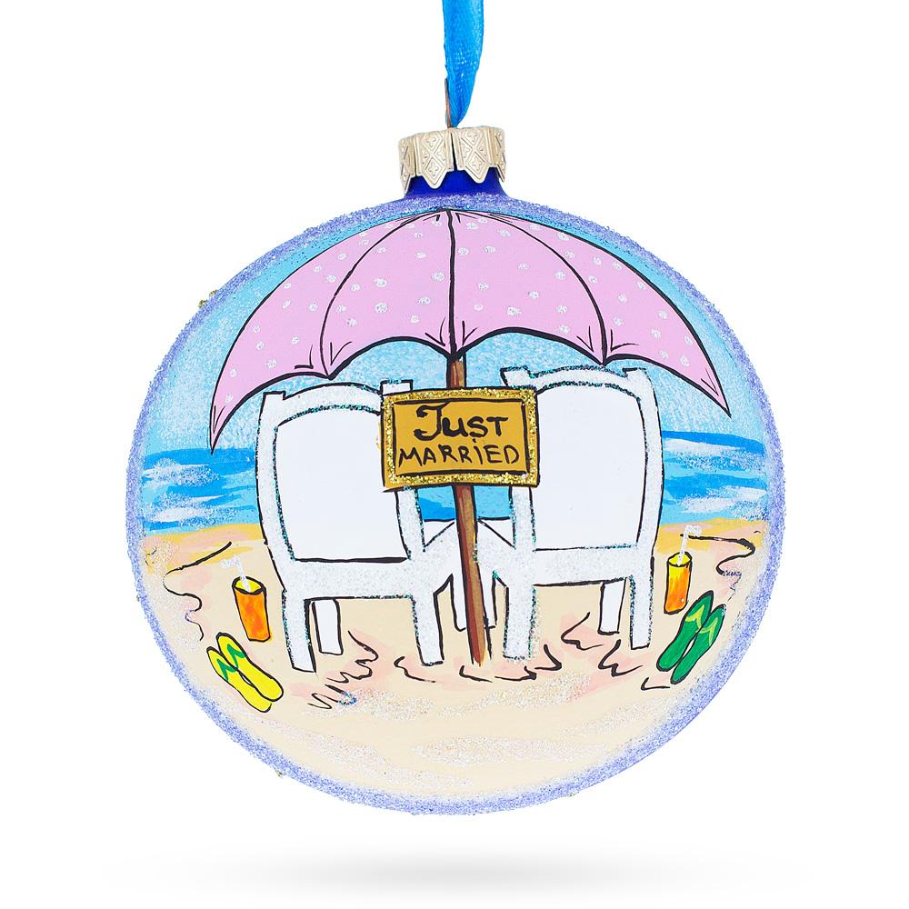 Just Married On The Beach Blown Glass Ball Christmas Ornament 4 Inches  |   Love Love Love