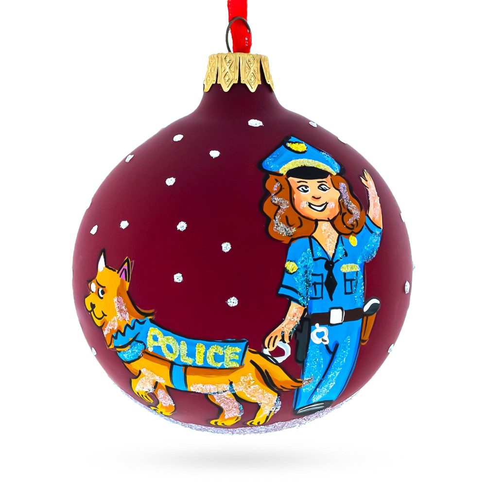 K-9 Police Officer With Dog Blown Glass Ball Christmas Ornament 3.25 Inches  |   Occupations Occupations Occupations