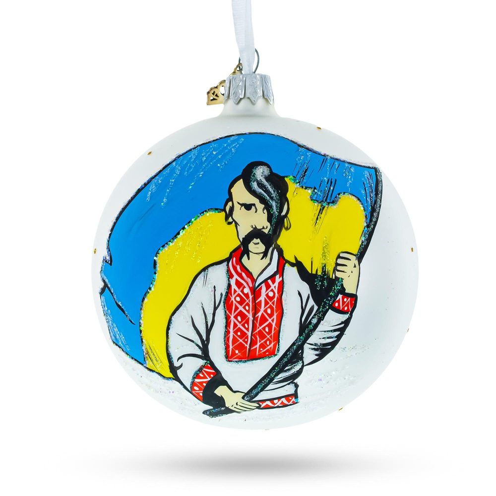 Kozak Carrying Ukrainian Flag Glass Ball Christmas Ornament 4 Inches  |   Personalized Ornaments Personalized