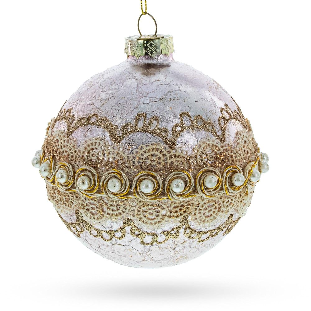 Lace-Adorned Pink Blown Glass Egg Christmas Ornament  |   Couturier Couturier Couturier