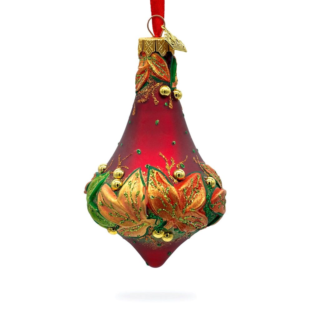 Leaves On Red Glass Bell Finial Christmas Ornament  |   Finials Finials Finials