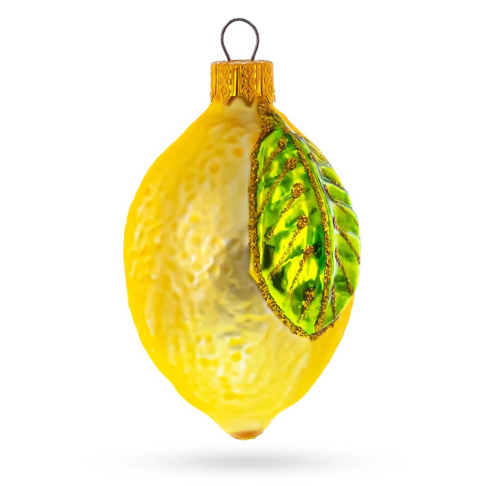 Lemon With Leaf Mini Glass Christmas Ornament  |   Food Food Food