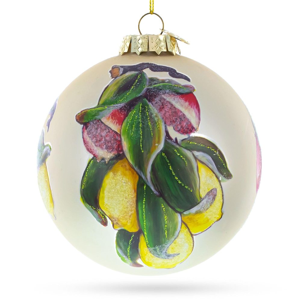 Lemons And Pomegranate On A Branch Glass Christmas Ornament  |   Food Food Food