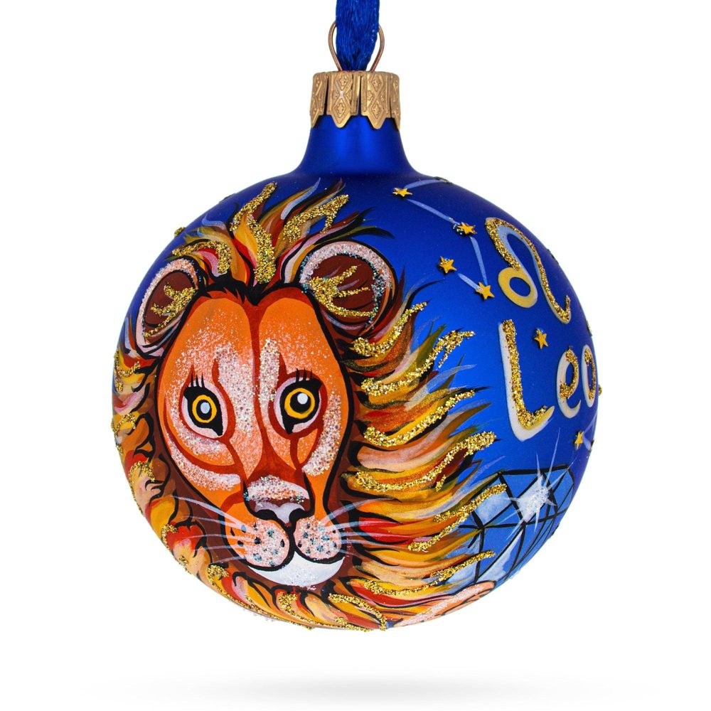 Leo Zodiac Sign Blue Blown Glass Ball Christmas Ornament 3.25 Inches  |   Horoscope Horoscope Horoscope