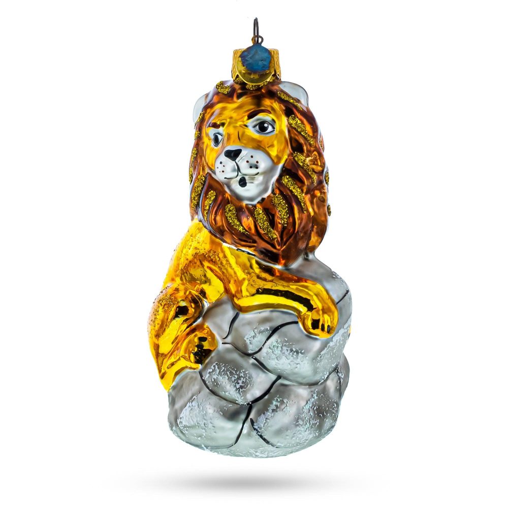 Lion Sitting On The Rock Mini Glass Christmas Ornament  |   Animals Animals Animals