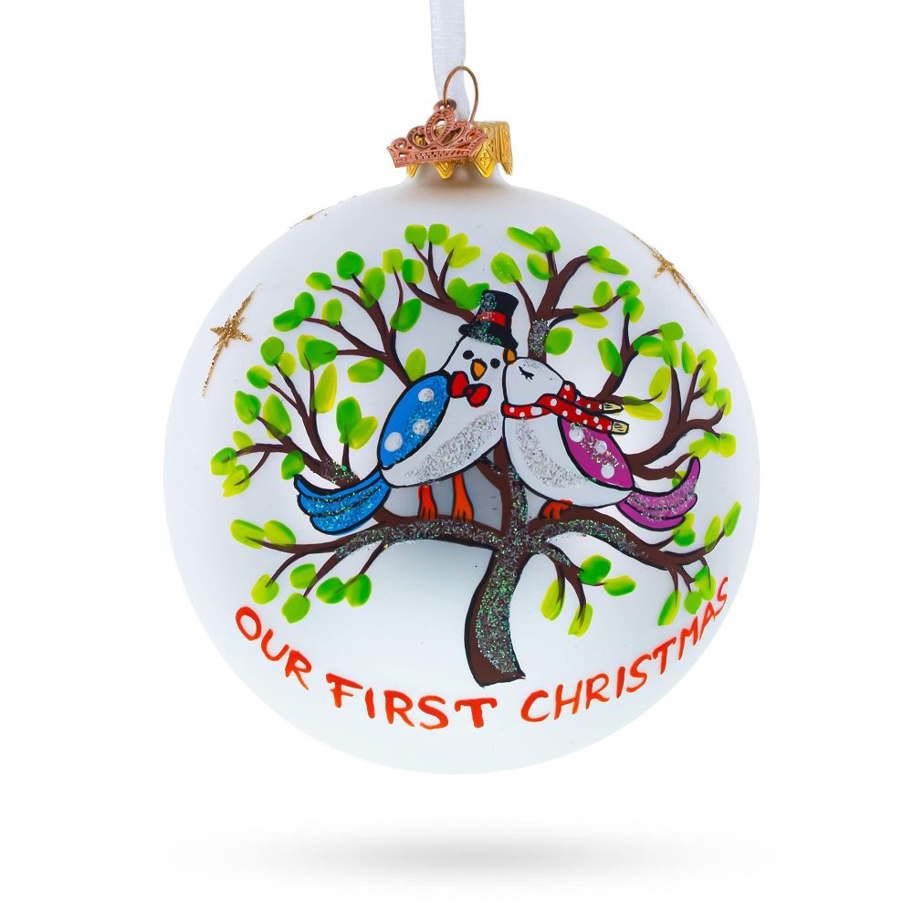 Lovebirds Perched On A Tree Blown Glass Ball ‘Our First Christmas’ Ornament 4 Inches  |   Love Love Love