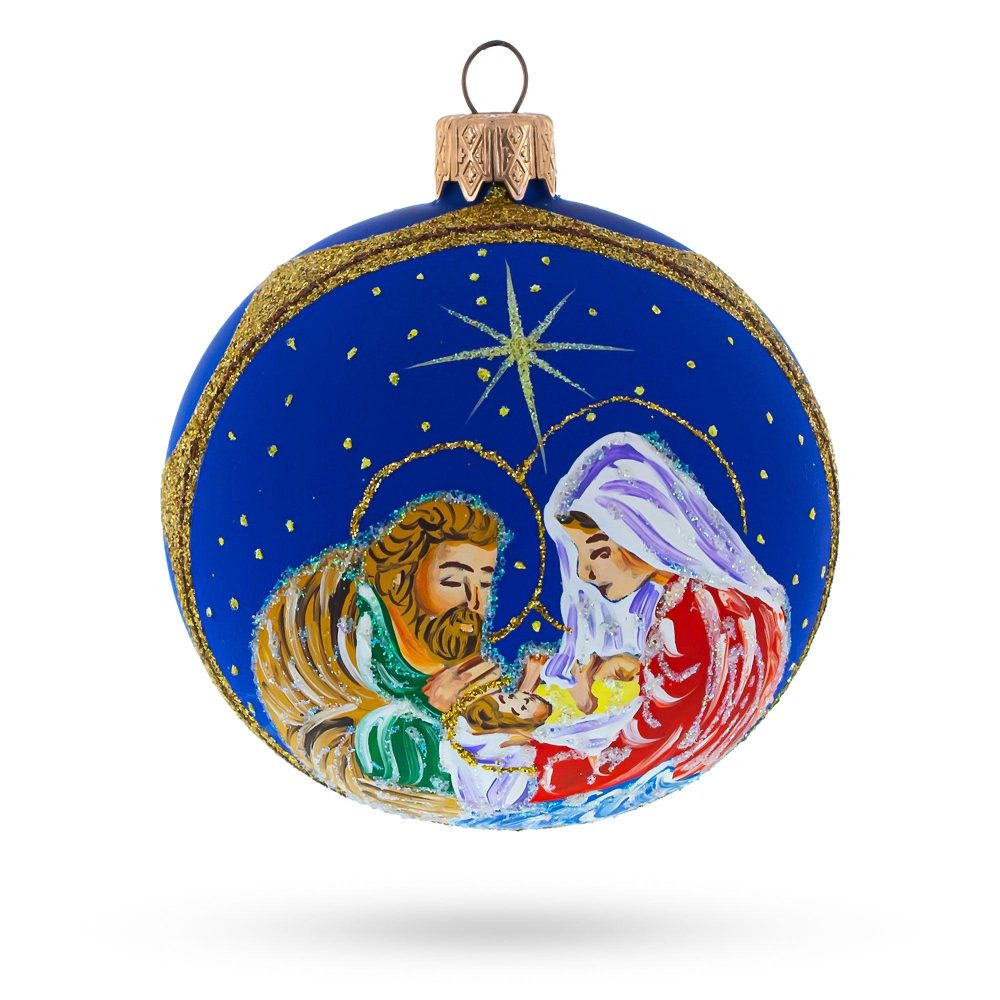 Loving Joseph And Mary Admiring Baby Jesus Blown Glass Ball Christmas Ornament 3.25 Inches  |   Religious Ornaments Ornaments Religious Ornaments