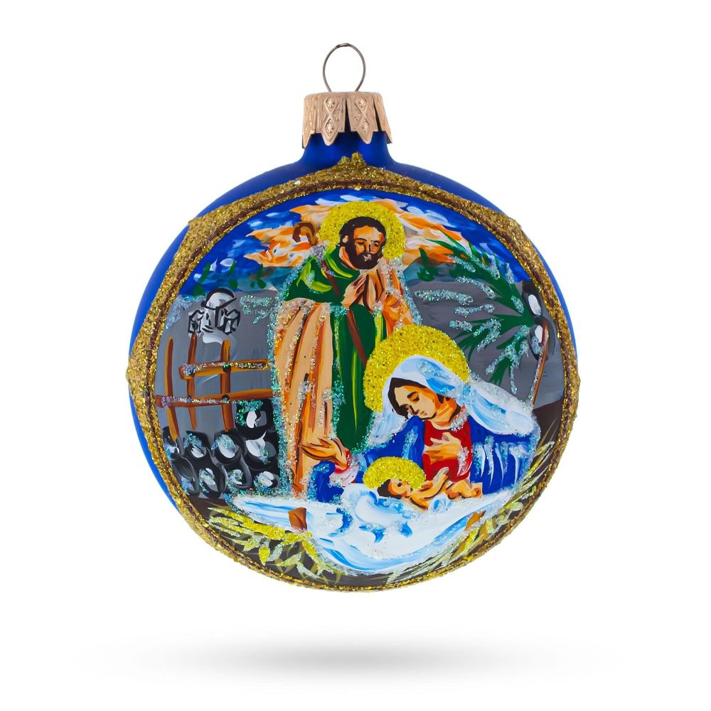 Loving Joseph And Mary Admiring Baby Jesus Blown Glass Ball Christmas Ornament 3.25 Inches  |   Religious Ornaments Ornaments Religious Ornaments