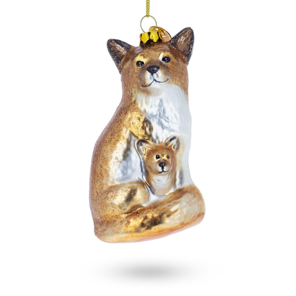 Loving Mother And Baby Fox Blown Glass Christmas Ornament  |   Animals Animals Animals