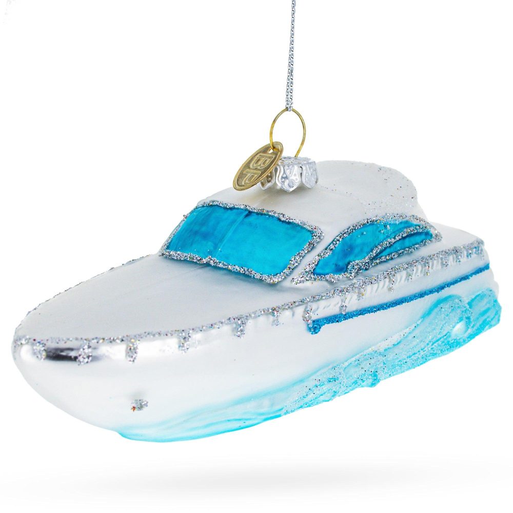 Luxurious White Yacht Powerboat Glass Christmas Ornament  |   Personalized Ornaments Personalized