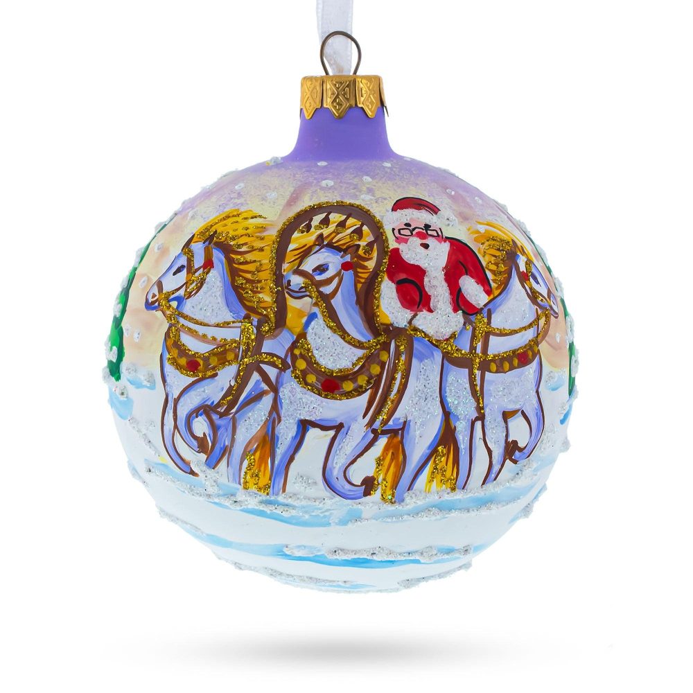 Majestic Santa In Winter Riding 3 White Horses Blown Glass Ball Christmas Ornament 3.25 Inches  |   Personalized Ornaments Personalized