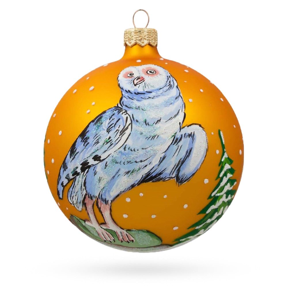 Majestic White Owl Perched By Winter Tree Blown Glass Ball Christmas Ornament 4 Inches  |   Animals Animals Animals