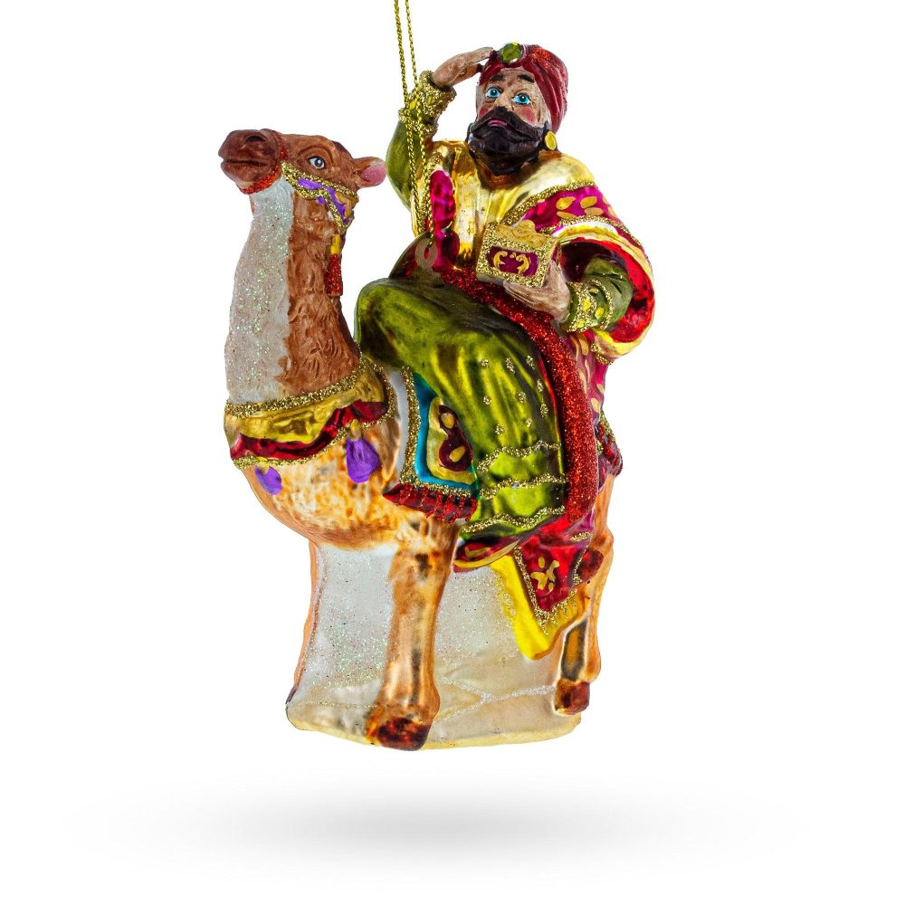 Majestic Wiseman With Gifts On Camel Blown Glass Christmas Ornament  |   Religious Ornaments Ornaments Religious Ornaments