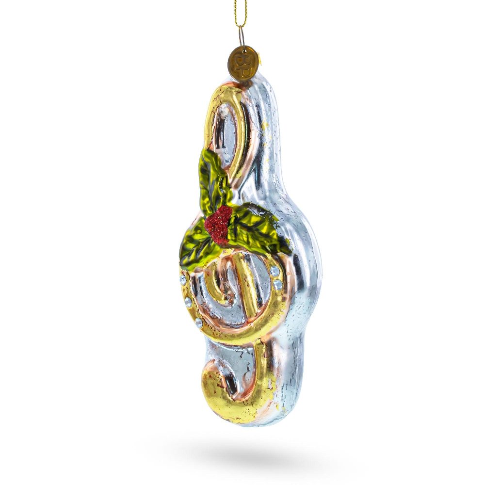 Melodic Musical Note With Poinsettia Blown Glass Christmas Ornament  |   Music Music Music