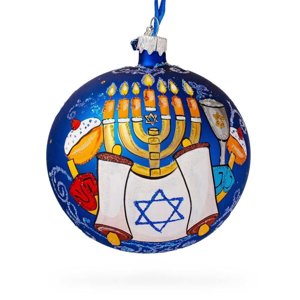 Menorah And Jewish Symbols Blown Glass Ball Ornament 4 Inches  |   Religious Ornaments Ornaments Religious Ornaments