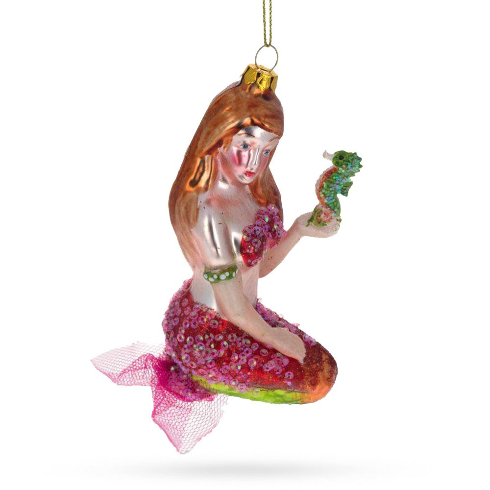 Mermaid Holding A Seahorse Blown Glass Christmas Ornament  |   Animals Animals Animals