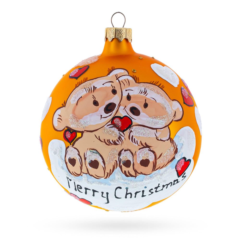 Merry Christmas From Two Bears In Love Blown Glass Ball Christmas Ornament 4 Inches  |   Love Love Love