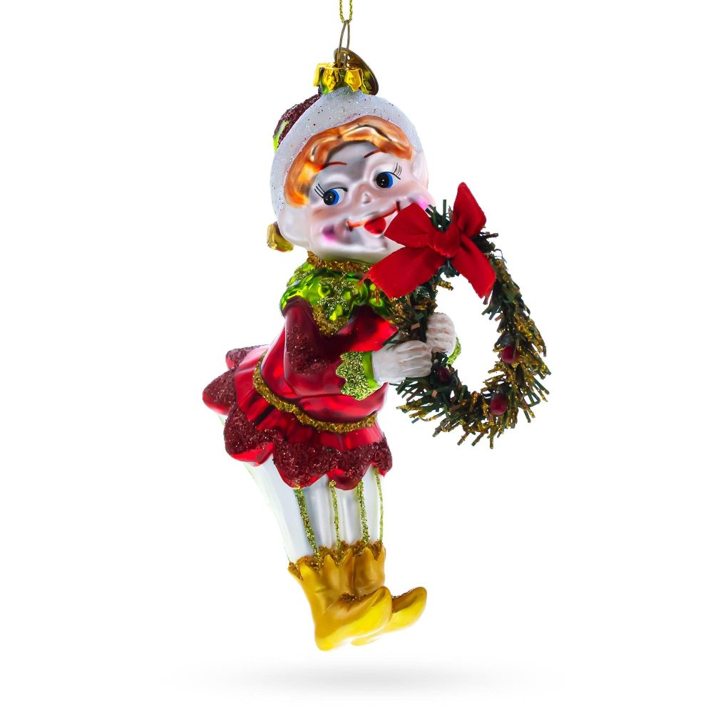 Merry Elf With Wreath Blown Glass Christmas Ornament  |   Santa Ornaments Santa