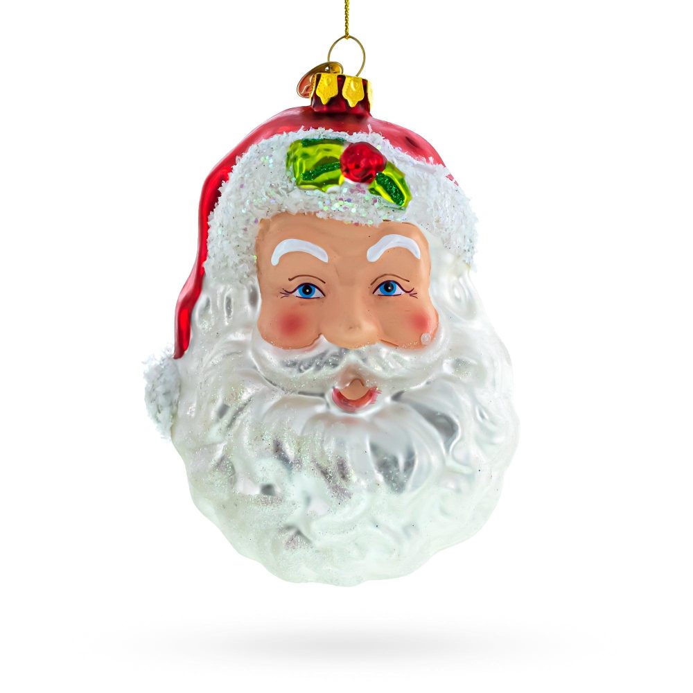 Merry Santa’S Head With Mistletoe – Blown Glass Christmas Ornament  |   Santa Ornaments Santa