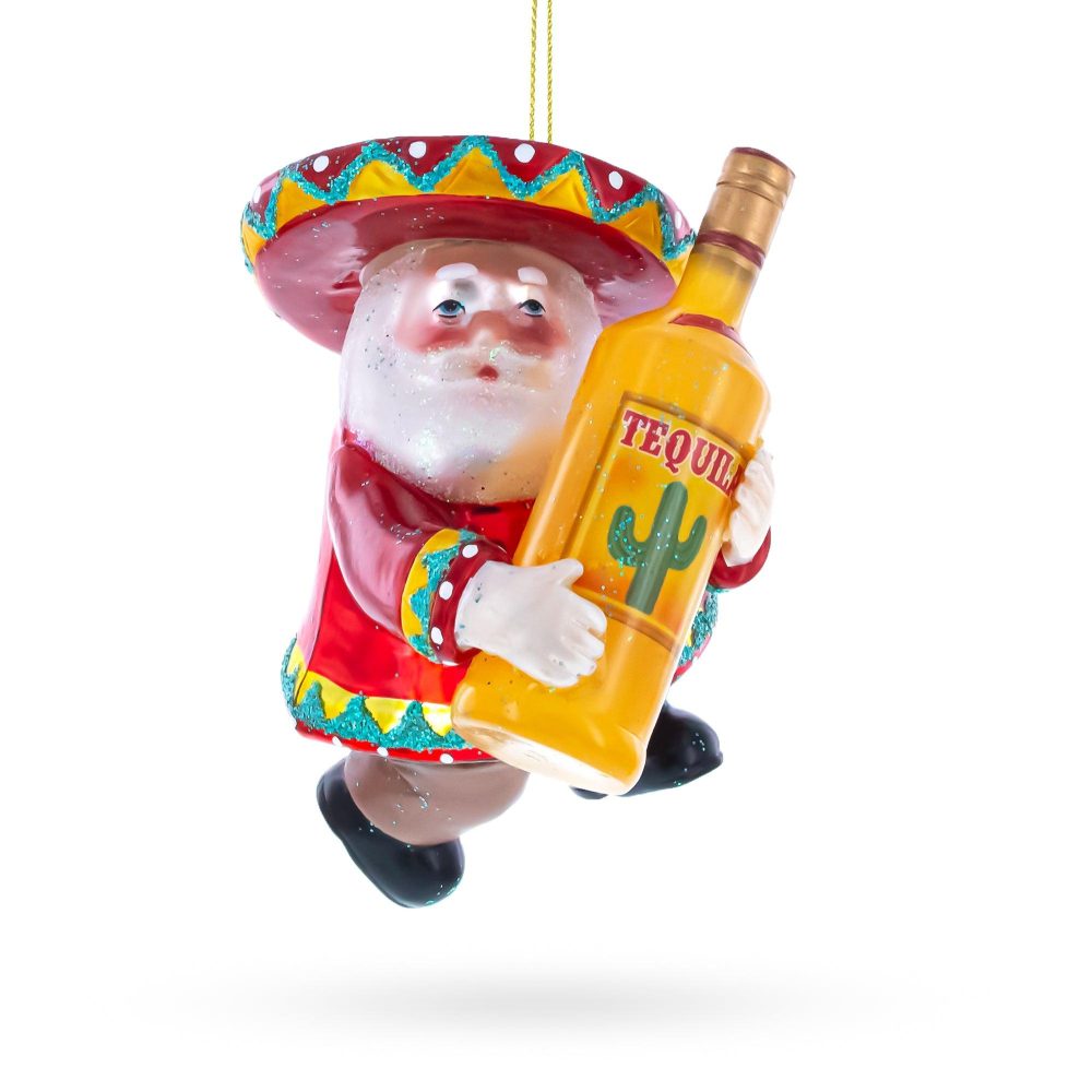 Mexican Santa With Tequila Bottle Blown Glass Christmas Ornament  |   Personalized Ornaments Personalized