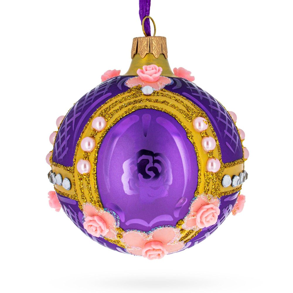 Milan Designer Luxury Earrings On Purple Blown Glass Ball Christmas Ornament 3.25 Inches  |   Couturier Couturier Couturier