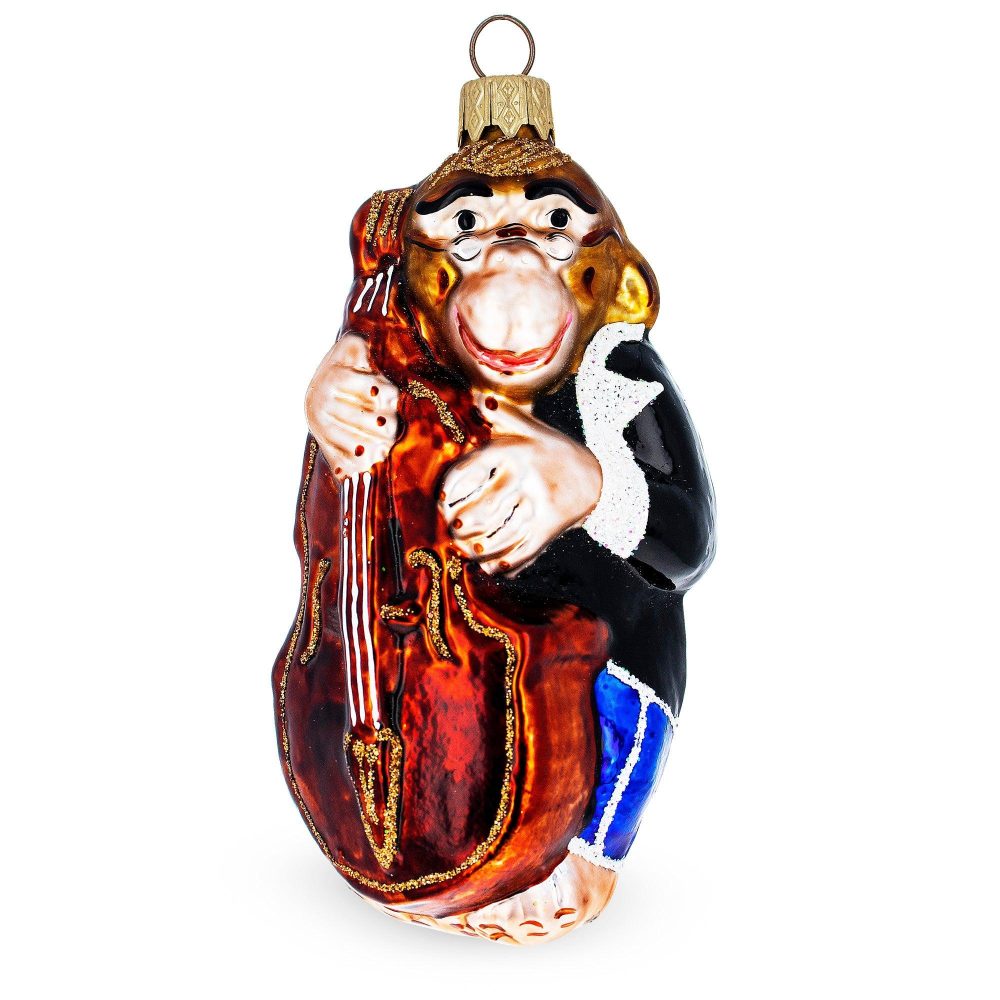 Monkey Playing Contrabass Mini Glass Christmas Ornament  |   Animals Animals Animals