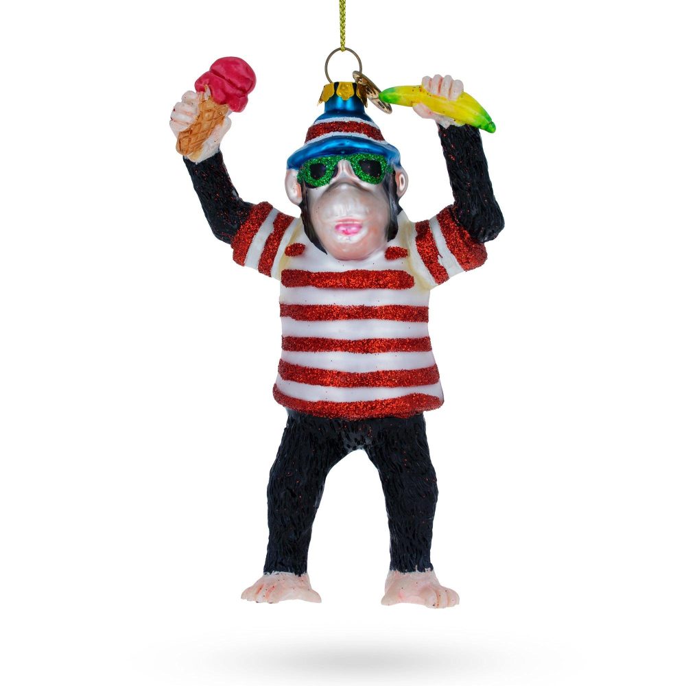 Monkey With Banana And Ice Cream Glass Christmas Ornament  |   Animals Animals Animals