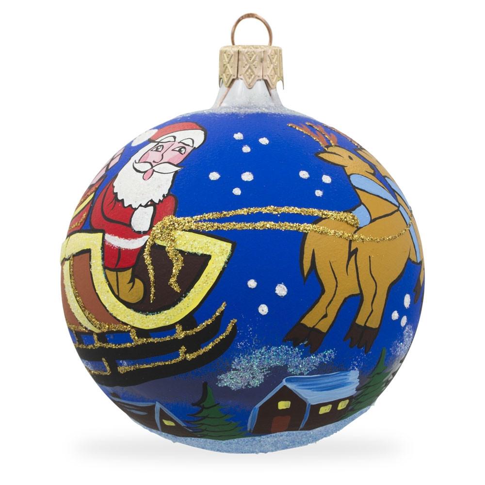 Moonlit Journey: Santa Riding Sleigh Blown Glass Ball Christmas Ornament 3.25 Inches  |   Personalized Ornaments Personalized