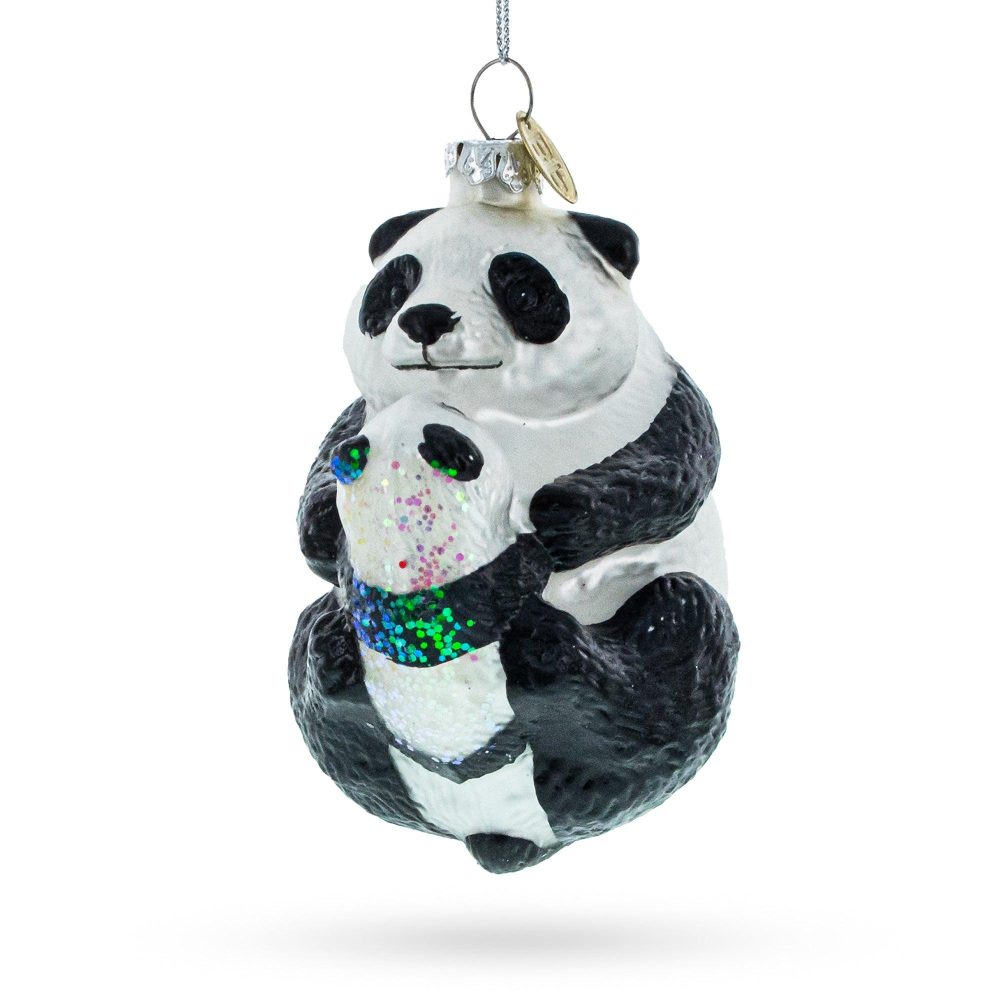 Mother And Baby Panda Embrace Blown Glass Christmas Ornament  |   Animals Animals Animals