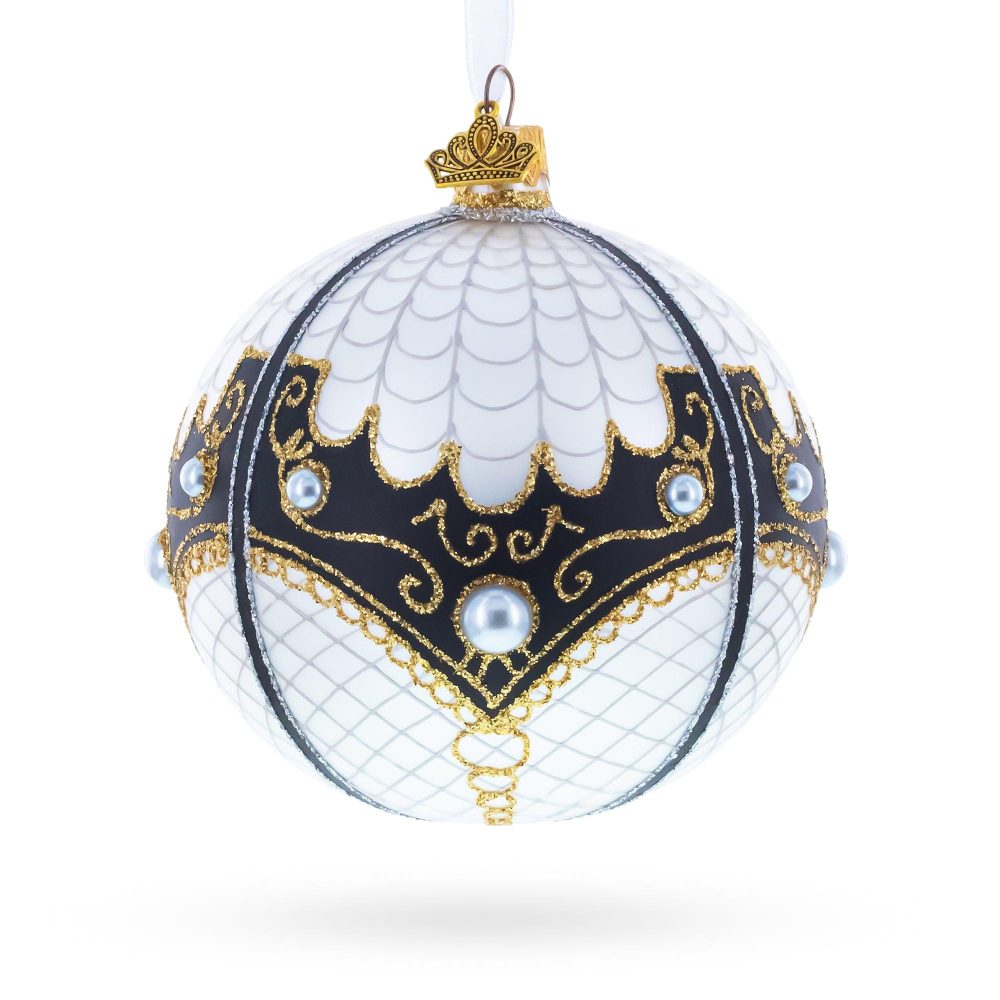 Mother Of Pearl On White Glass Ball Christmas Ornament 4 Inches  |   Couturier Couturier Couturier