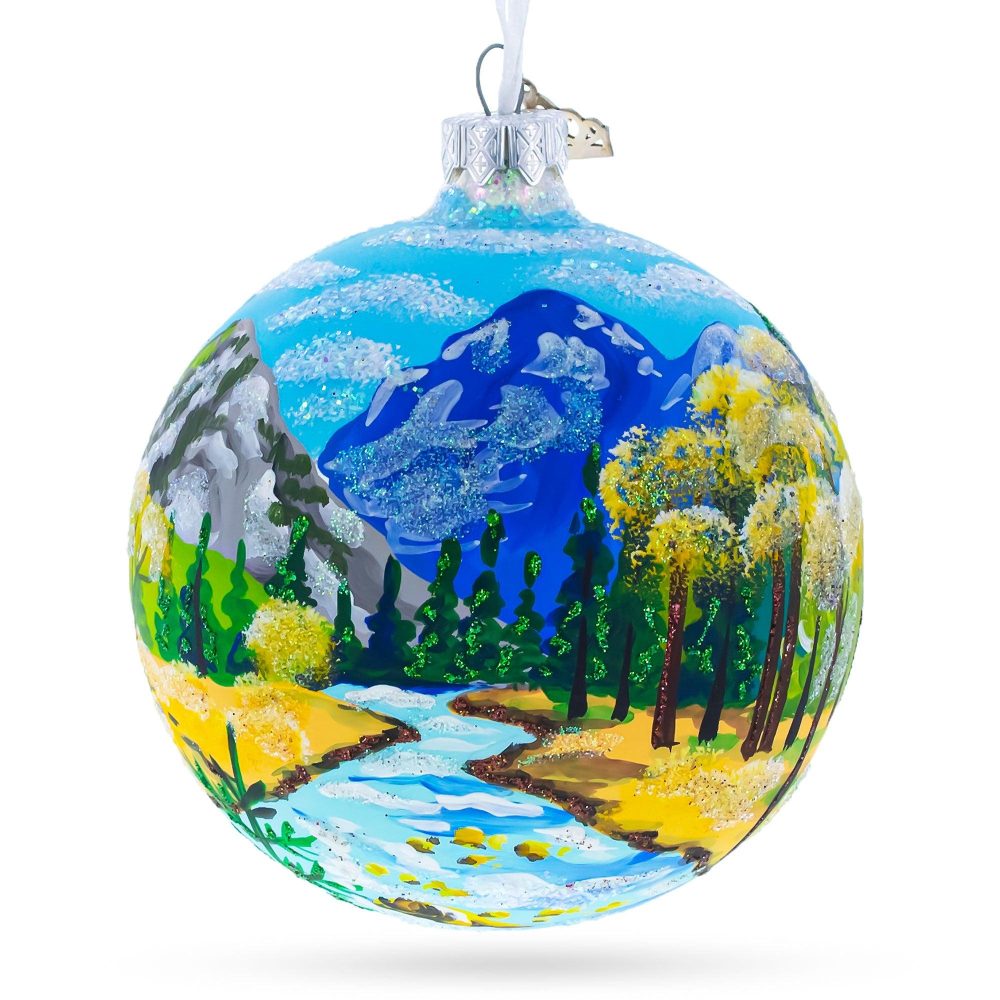 Mountain River Painting Glass Ball Christmas Ornament 4 Inches  |   Artworks Artworks Artworks