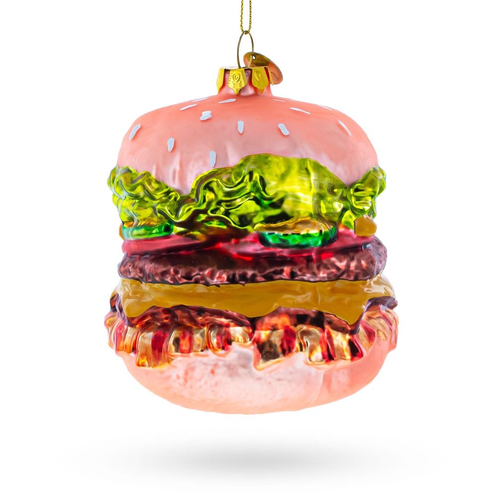 Mouth-Watering Feast: Double Cheeseburger Blown Glass Christmas Ornament  |   Food Food Food