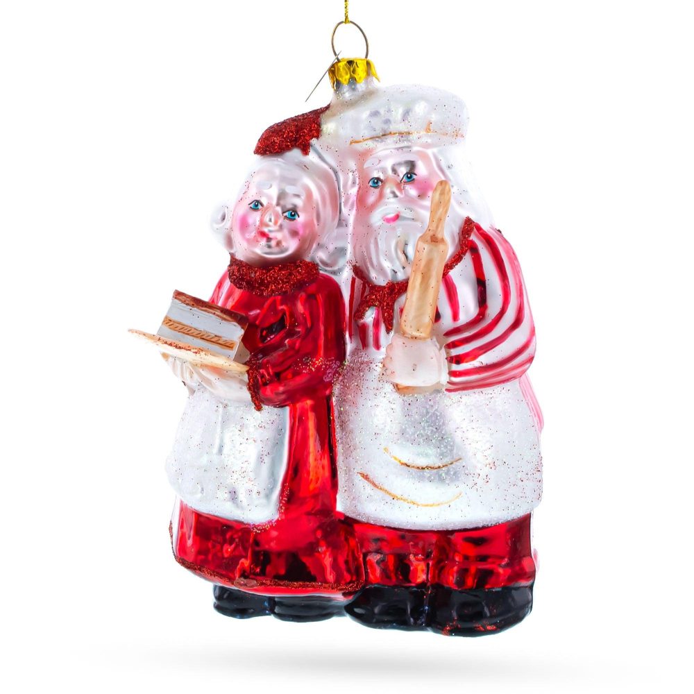 Mr. And Mrs. Santa Claus Baking Cake Blown Glass Christmas Ornament  |   Personalized Ornaments Personalized