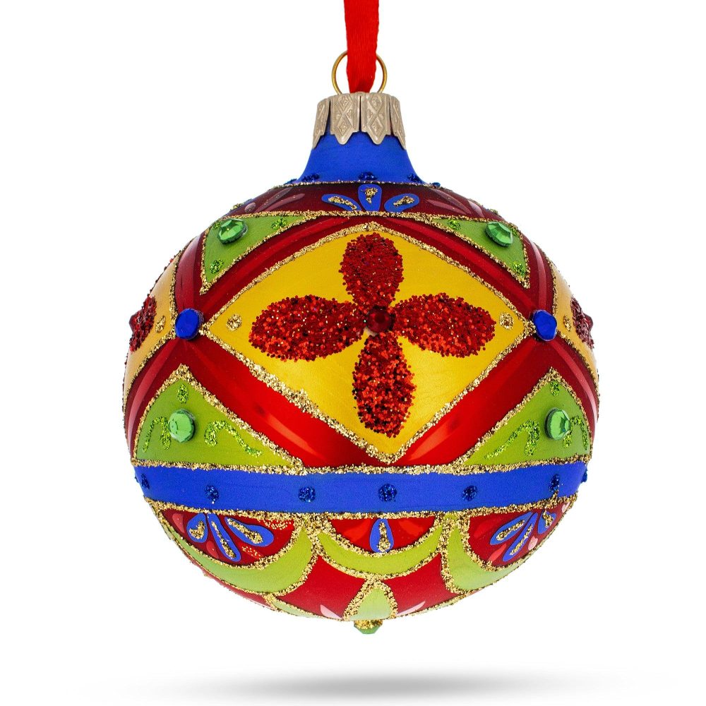 Multicolor Bejeweled Blown Glass Ball Christmas Ornament 3.25 Inches  |   Geometrical Geometrical Geometrical