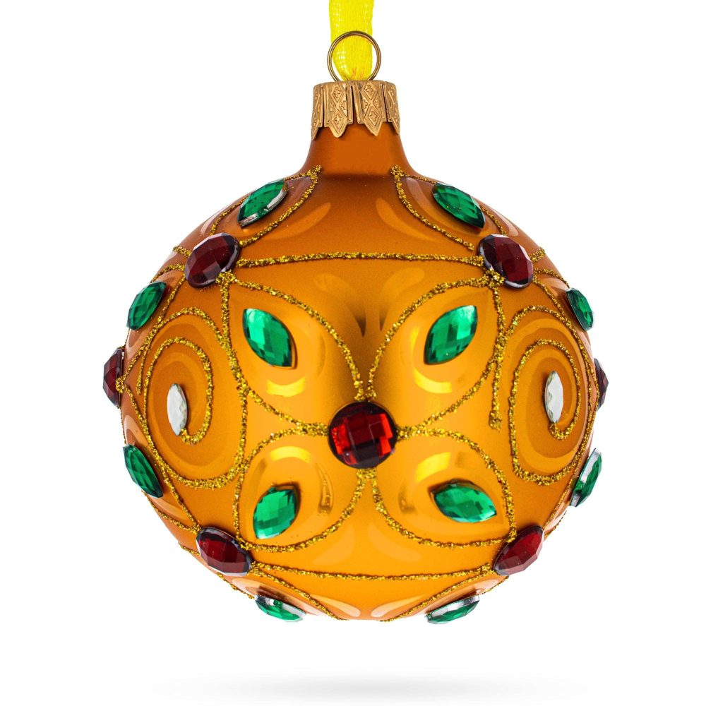 Multicolored Jewels Adorned On A Gilded Blown Glass Ball Christmas Ornament 3.25 Inches  |   Couturier Couturier Couturier