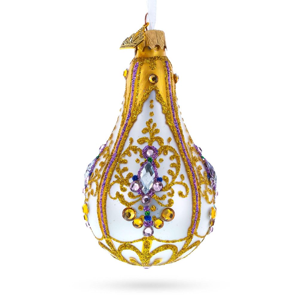 Multicolored Jewels On Golden Swirls Waterdrop Finial Glass Ornament  |   Couturier Couturier Couturier