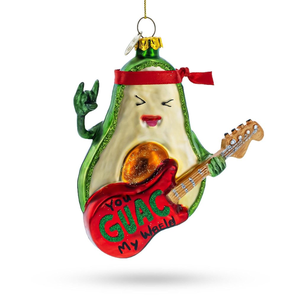 Musical Avocado Strumming A Guitar Glass Christmas Ornament  |   Food Food Food