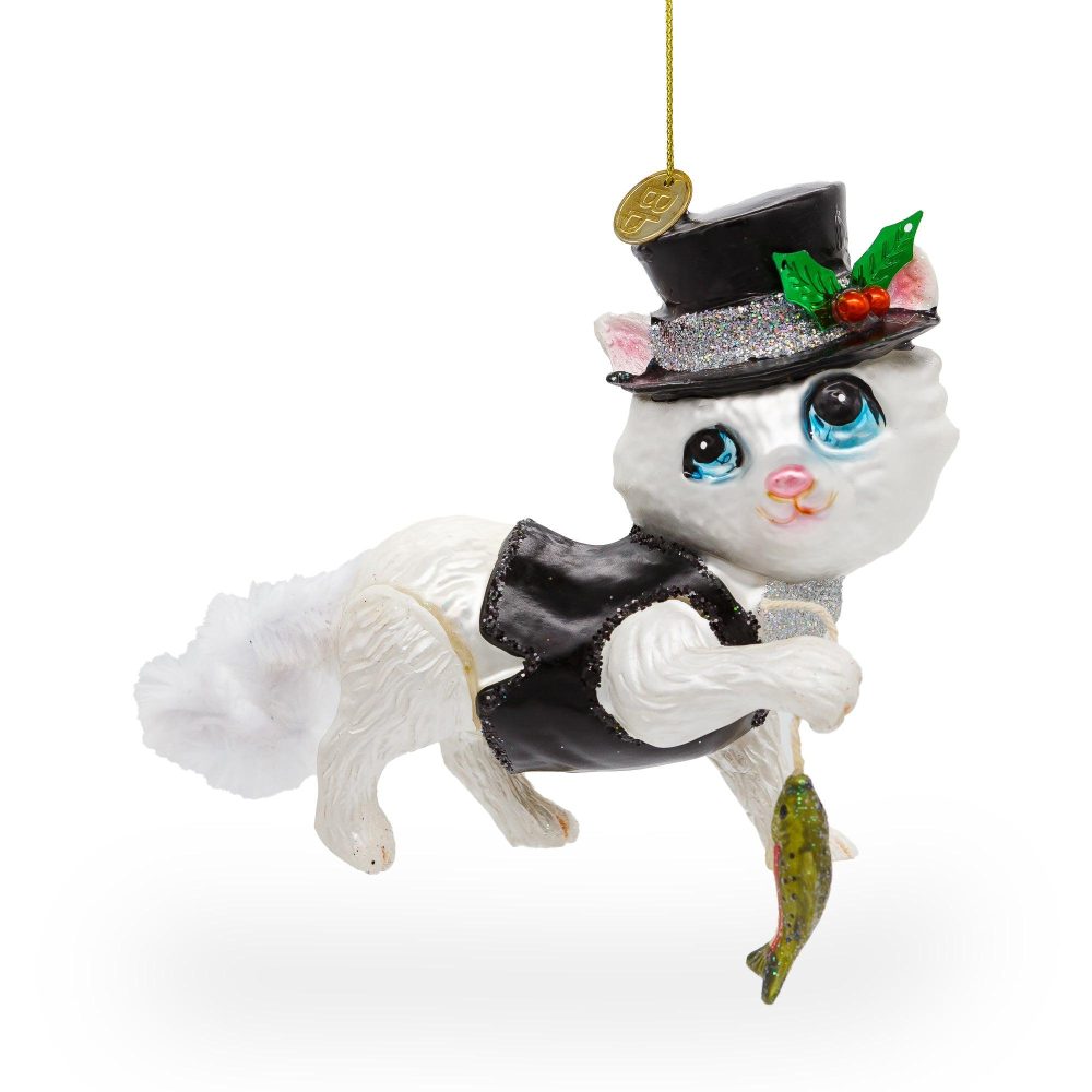 Mysterious Cat In Black Costume Holding Fish Blown Glass Christmas Ornament  |   Animals Animals Animals