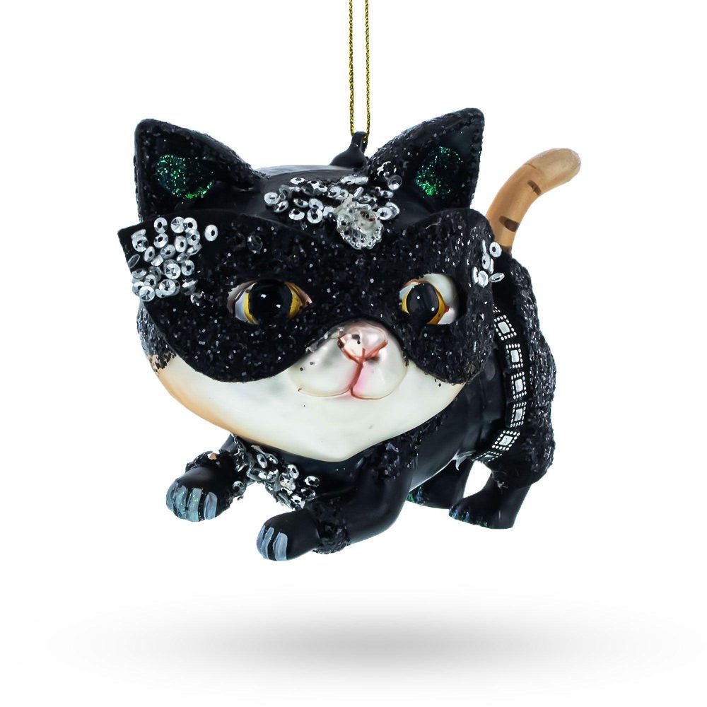 Mysterious Cat In Mask Blown Glass Christmas Ornament  |   Animals Animals Animals