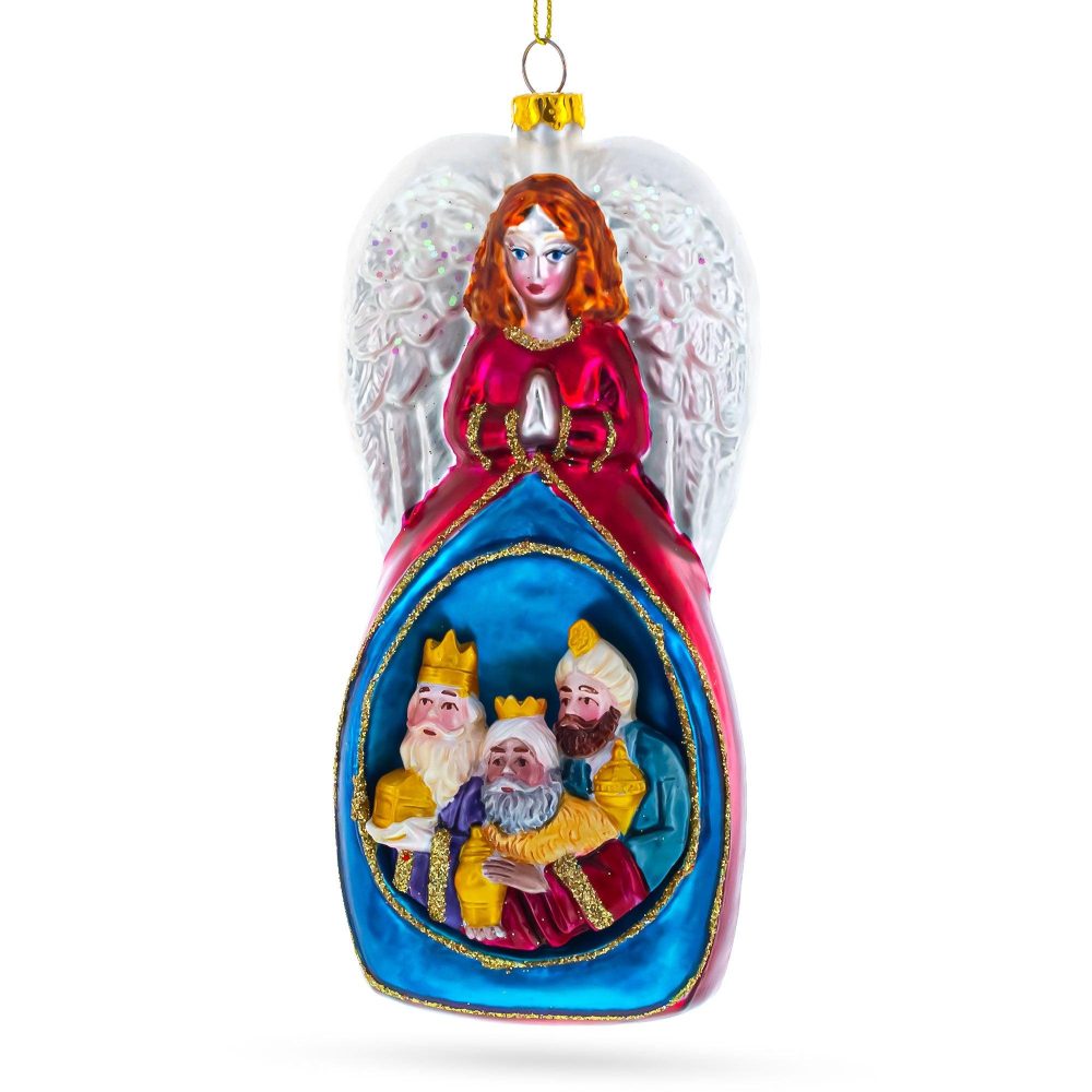 Nativity Scene Angel And Three Wiremen Blown Glass Christmas Ornament  |   Religious Ornaments Ornaments Religious Ornaments