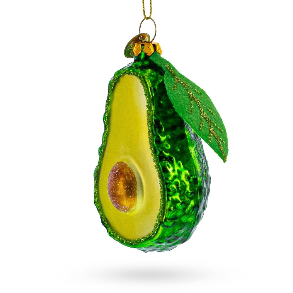 Nature’S Butter: Avocado With Leaf Glass Christmas Ornament  |   Food Food Food