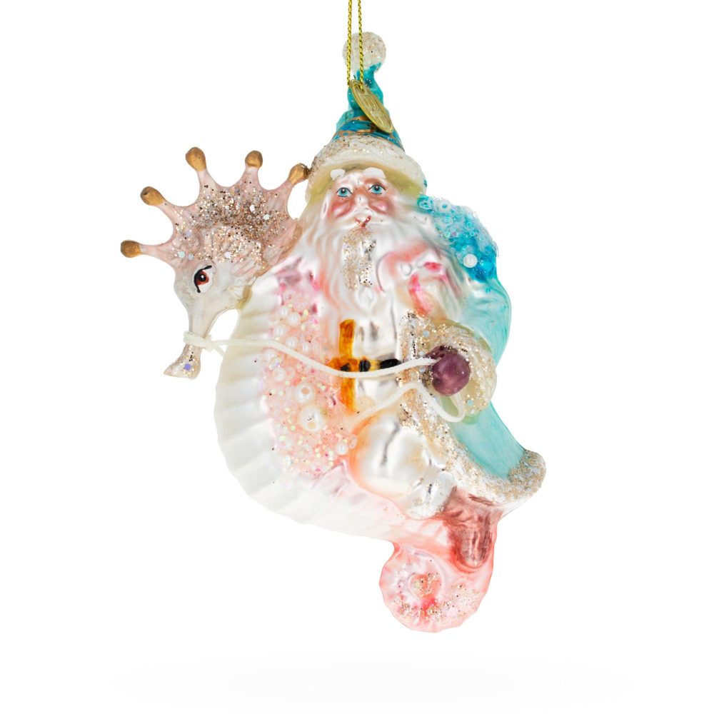 Nautical Santa Riding Seahorse Blown Glass Christmas Ornament  |   Personalized Ornaments Personalized