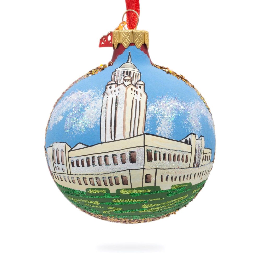 Nebraska State Capitol,  Lincoln, Nebraska, Usa Glass Ball Christmas Ornament 3.25 Inches  |   Travel Ornaments Travel