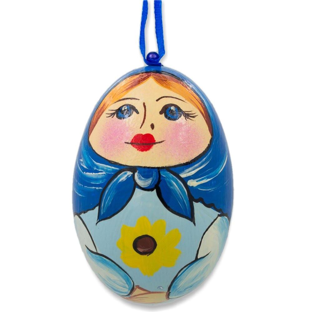 Nesting Doll  Blue Scarf Wooden Egg Ornament 3 Inches  |   Flowers Flowers Flowers