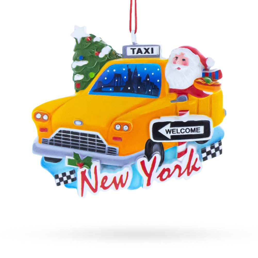 New York Taxi With Santa And Christmas Tree Resin Christmas Ornament  |   Travel Ornaments Travel