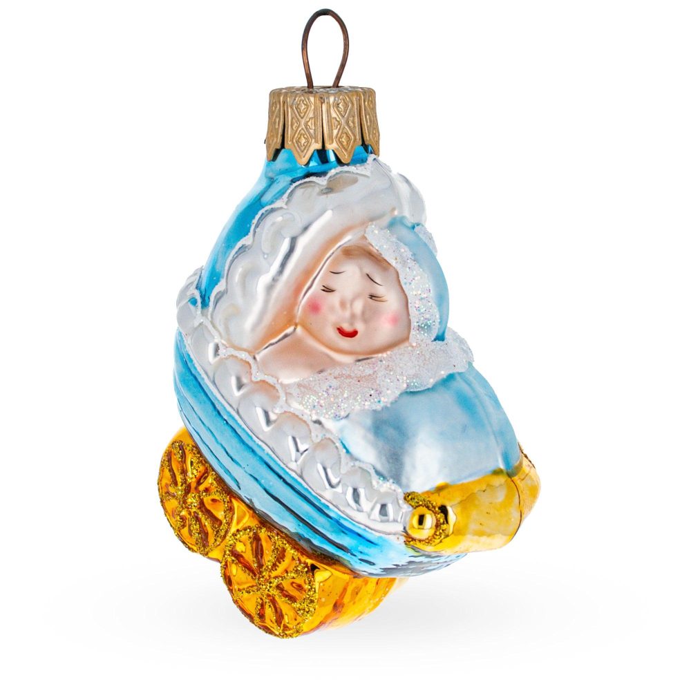 Newborn Baby Boy In A Stroller Mini Glass Christmas Ornament  |   Baby Baby Baby