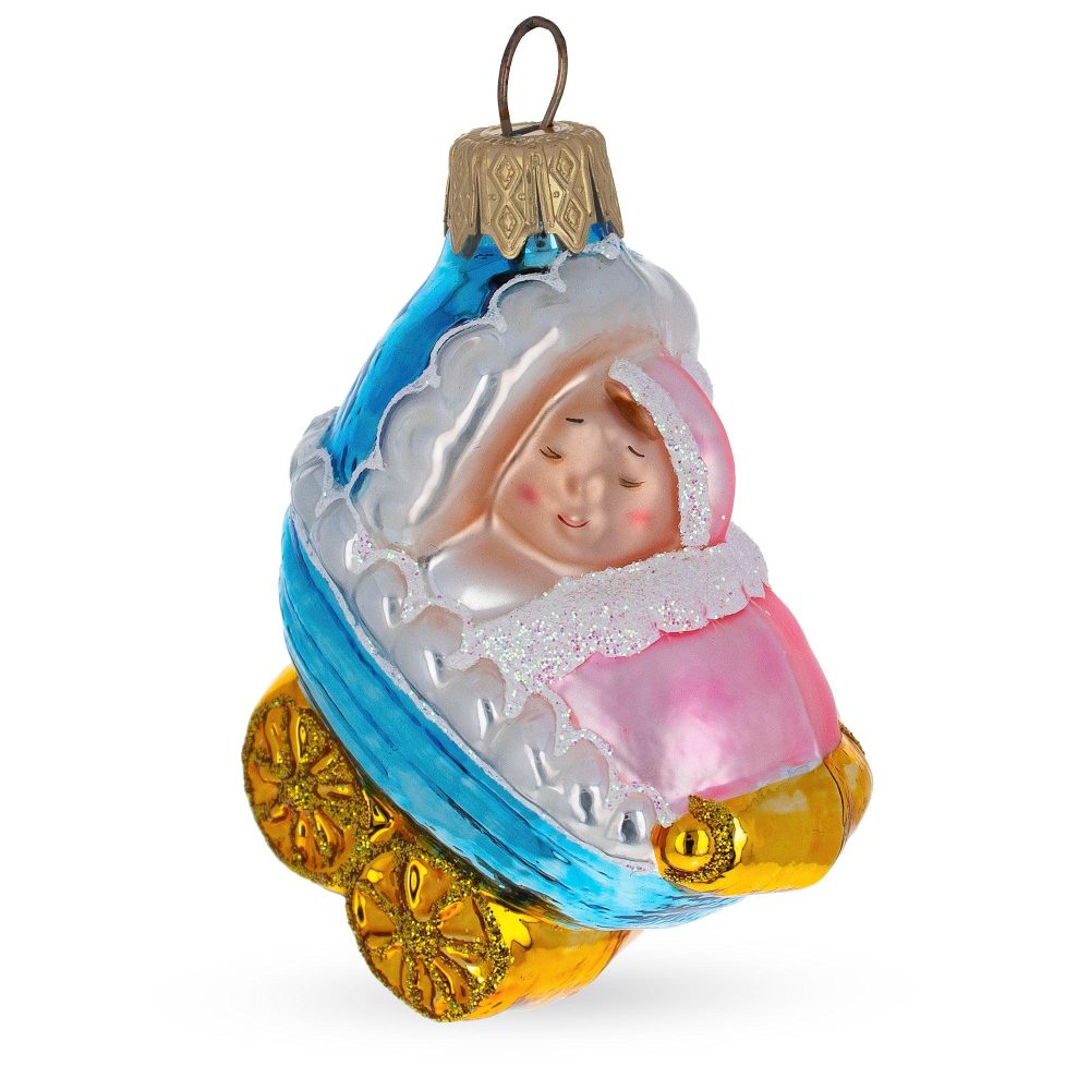 Newborn Baby Girl In A Stroller Mini Glass Christmas Ornament  |   Baby Baby Baby