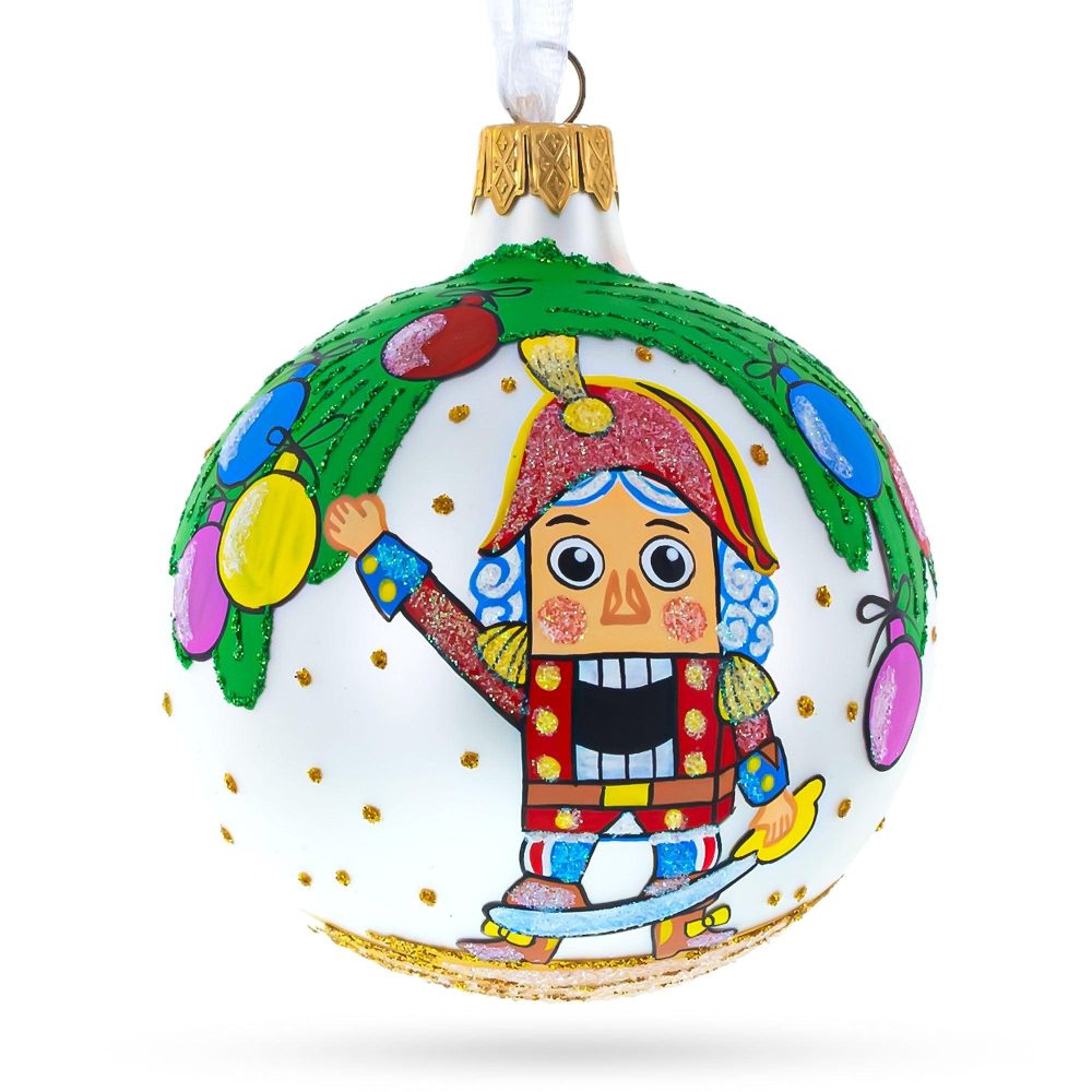 Nutcracker And Christmas Tree Blown Glass Ball Ornament 3.25 Inches  |   Nutcrackers Ornaments Nutcrackers